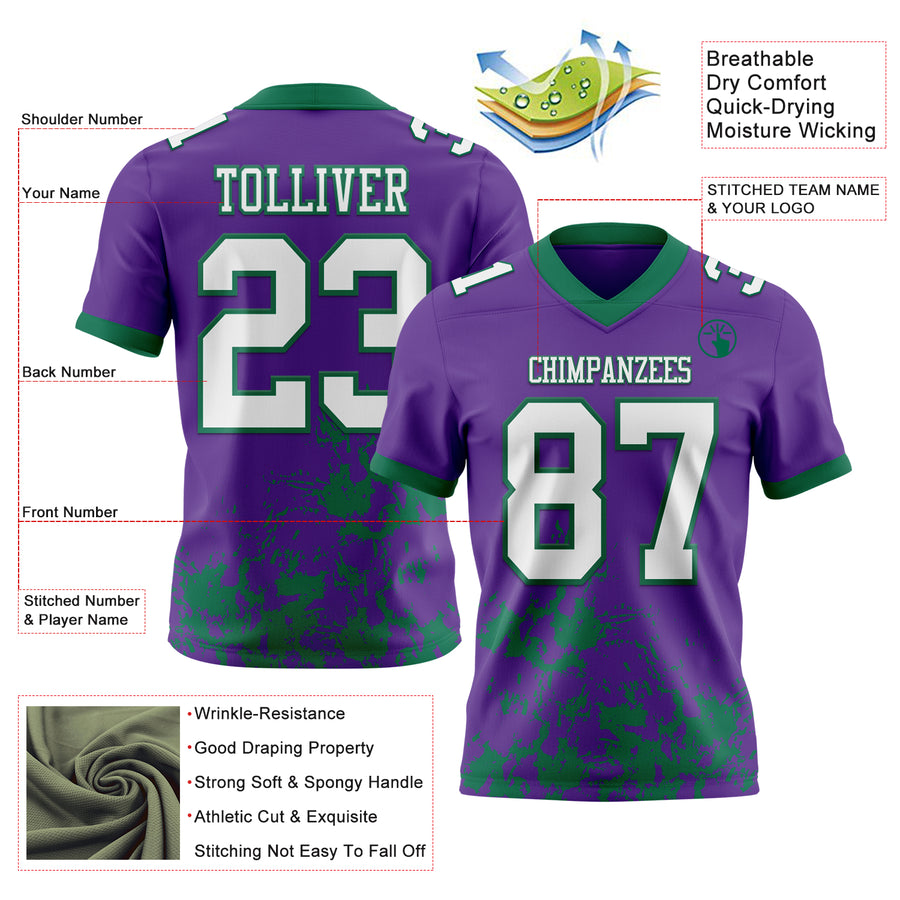 Custom Purple White-Kelly Green 3D Pattern Splash Authentic Football Jersey