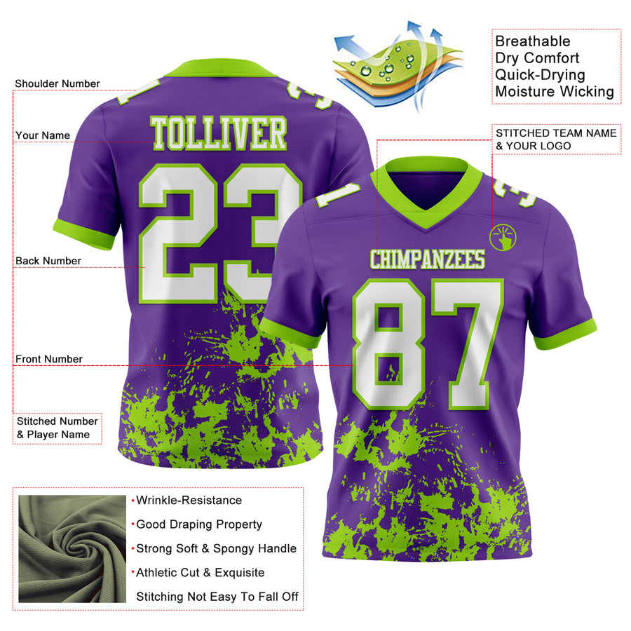 Custom Purple White-Neon Green 3D Pattern Splash Authentic Football Jersey