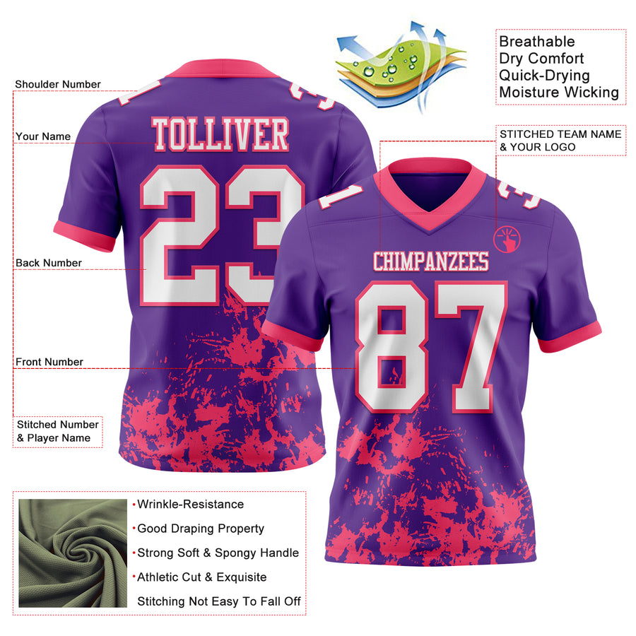 Custom Purple White-Neon Pink 3D Pattern Splash Authentic Football Jersey