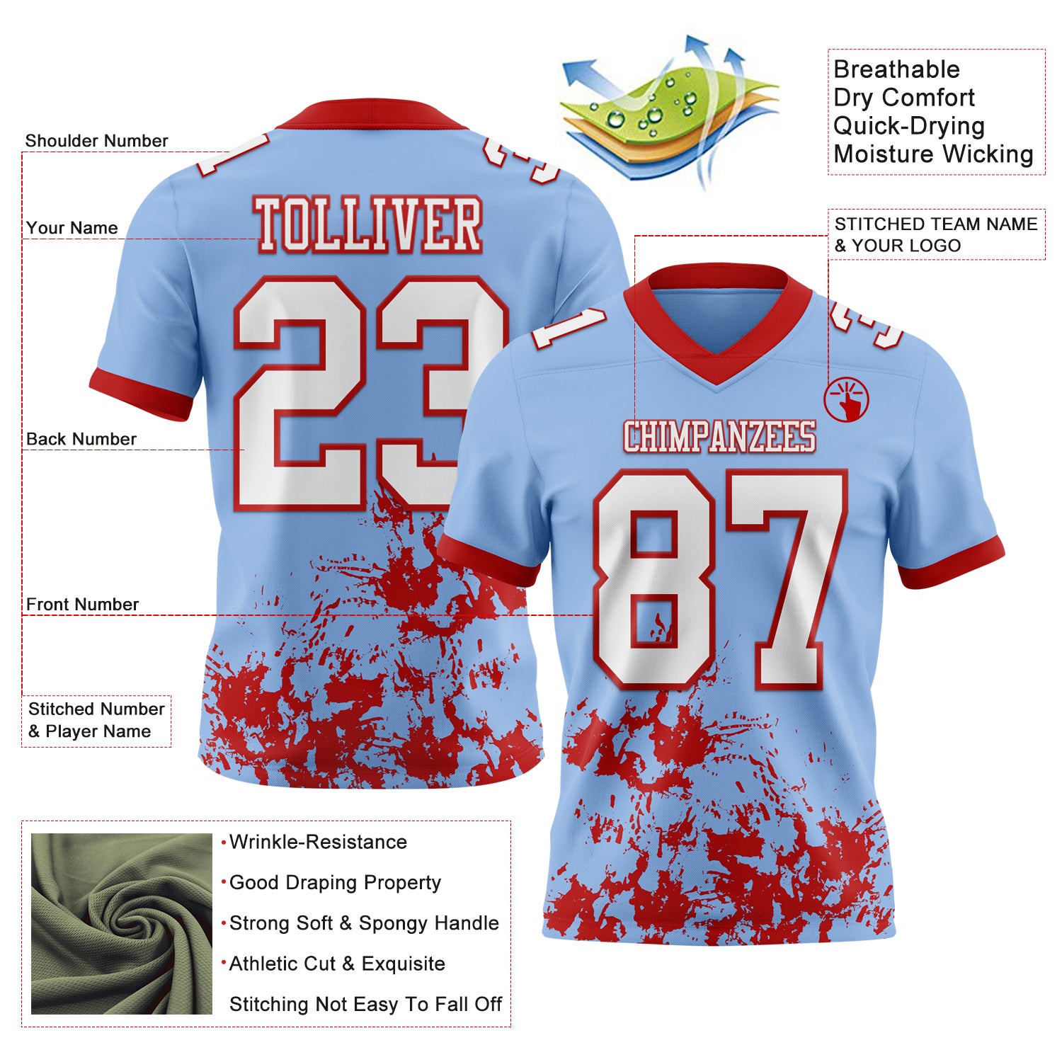 Custom Light Blue White-Red 3D Pattern Splash Authentic Football Jersey
