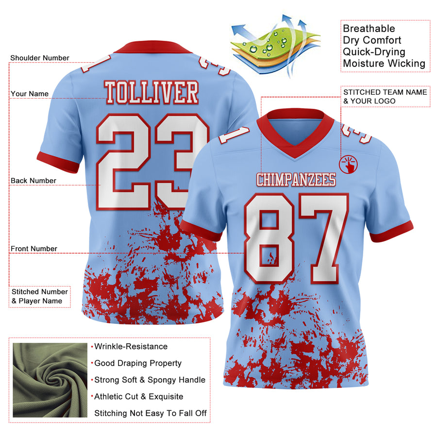 Custom Light Blue White-Red 3D Pattern Splash Authentic Football Jersey