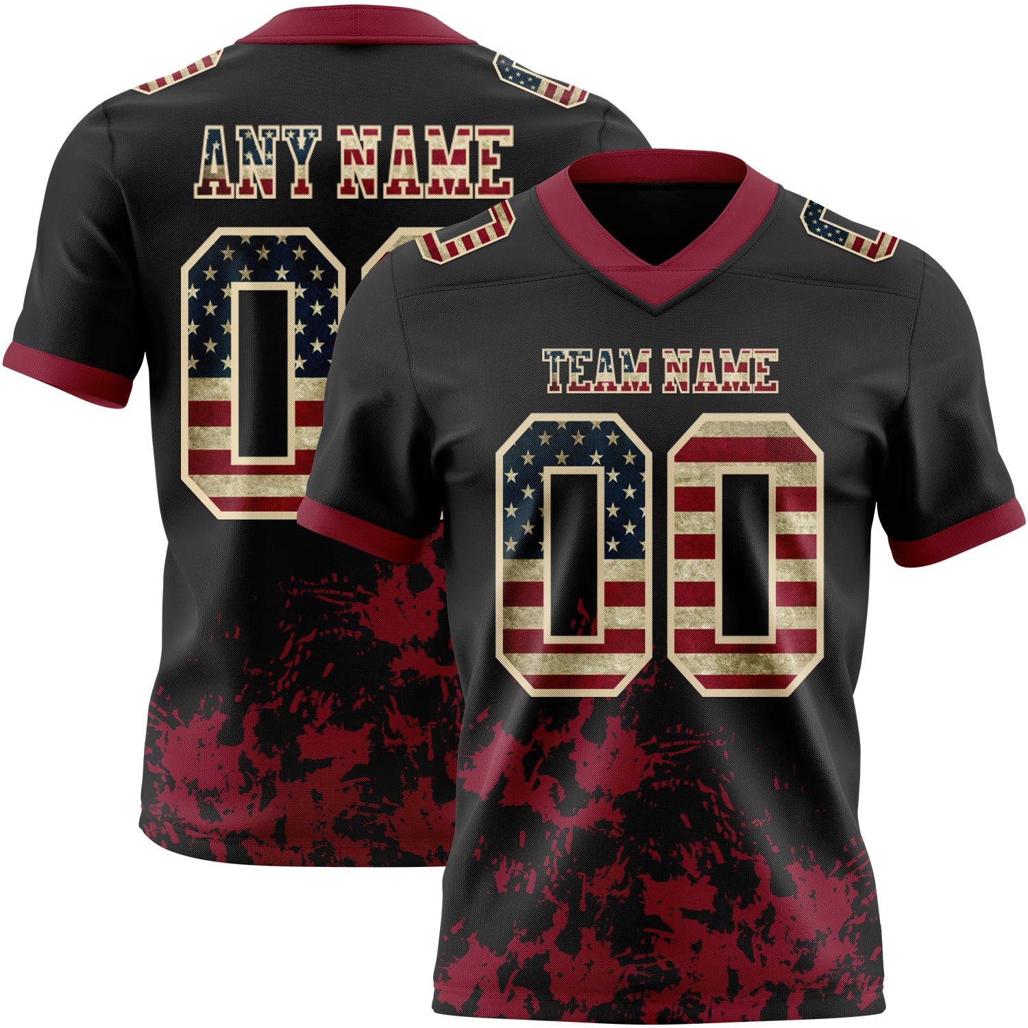 Custom Black Vintage USA Flag Crimson-Cream 3D Pattern Splash Authentic Football Jersey