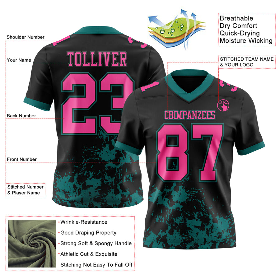 Custom Black Pink-Teal 3D Pattern Splash Authentic Football Jersey
