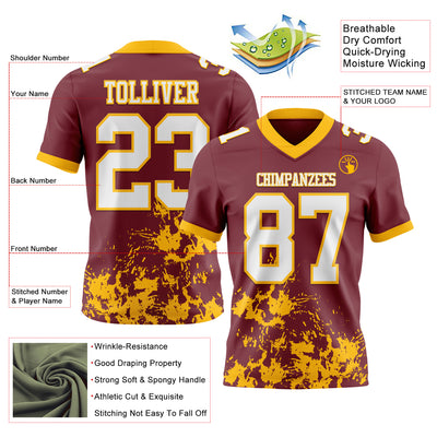 Custom Burgundy White-Gold 3D Pattern Splash Authentic Football Jersey