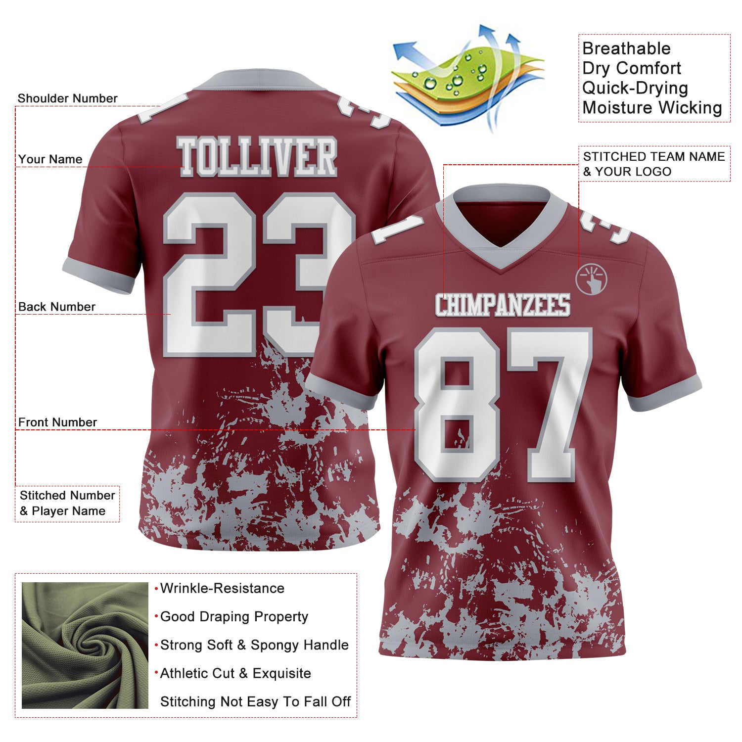 Custom Burgundy White-Gray 3D Pattern Splash Authentic Football Jersey