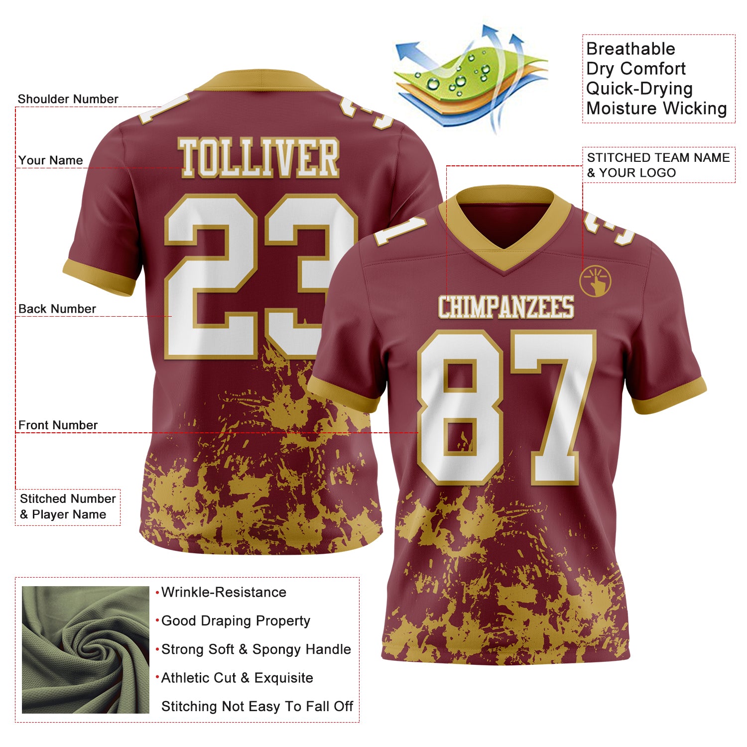 Custom Burgundy White-Old Gold 3D Pattern Splash Authentic Football Jersey