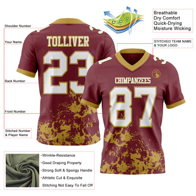 Custom Burgundy White-Old Gold 3D Pattern Splash Authentic Football Jersey
