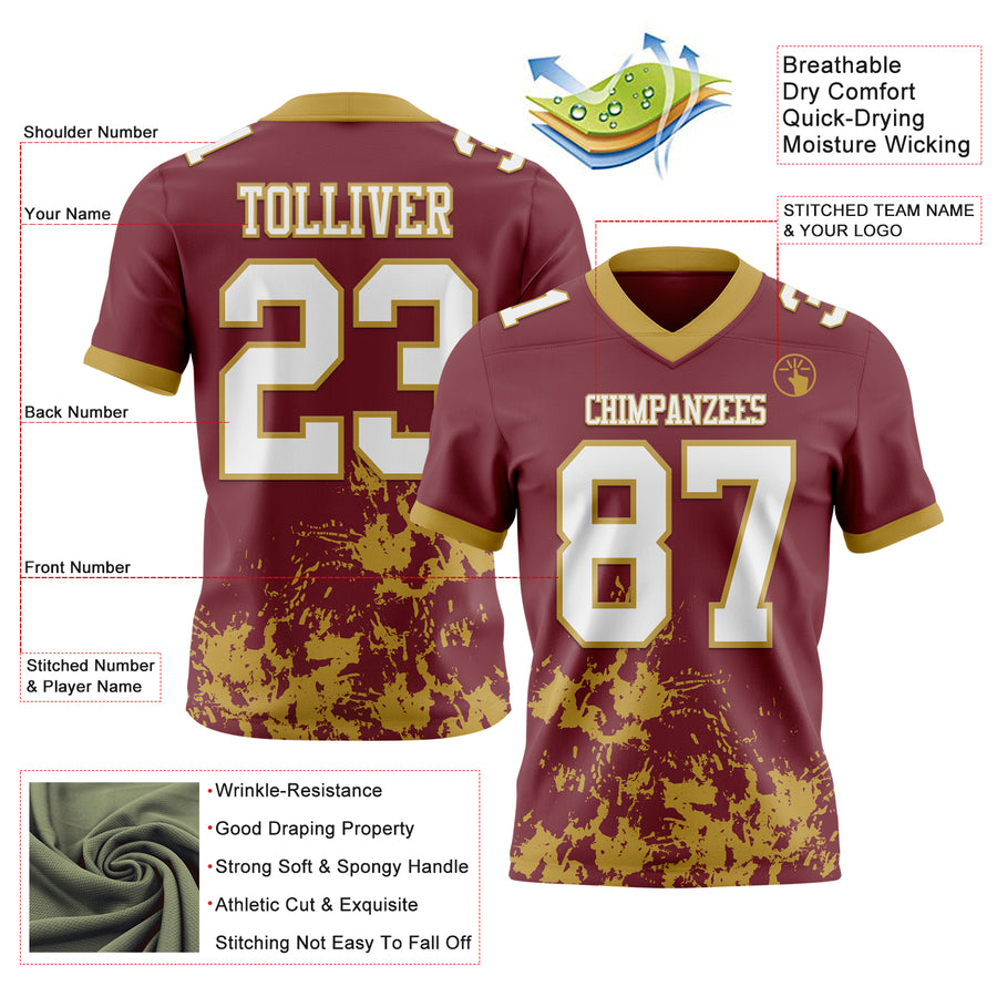Custom Burgundy White-Old Gold 3D Pattern Splash Authentic Football Jersey