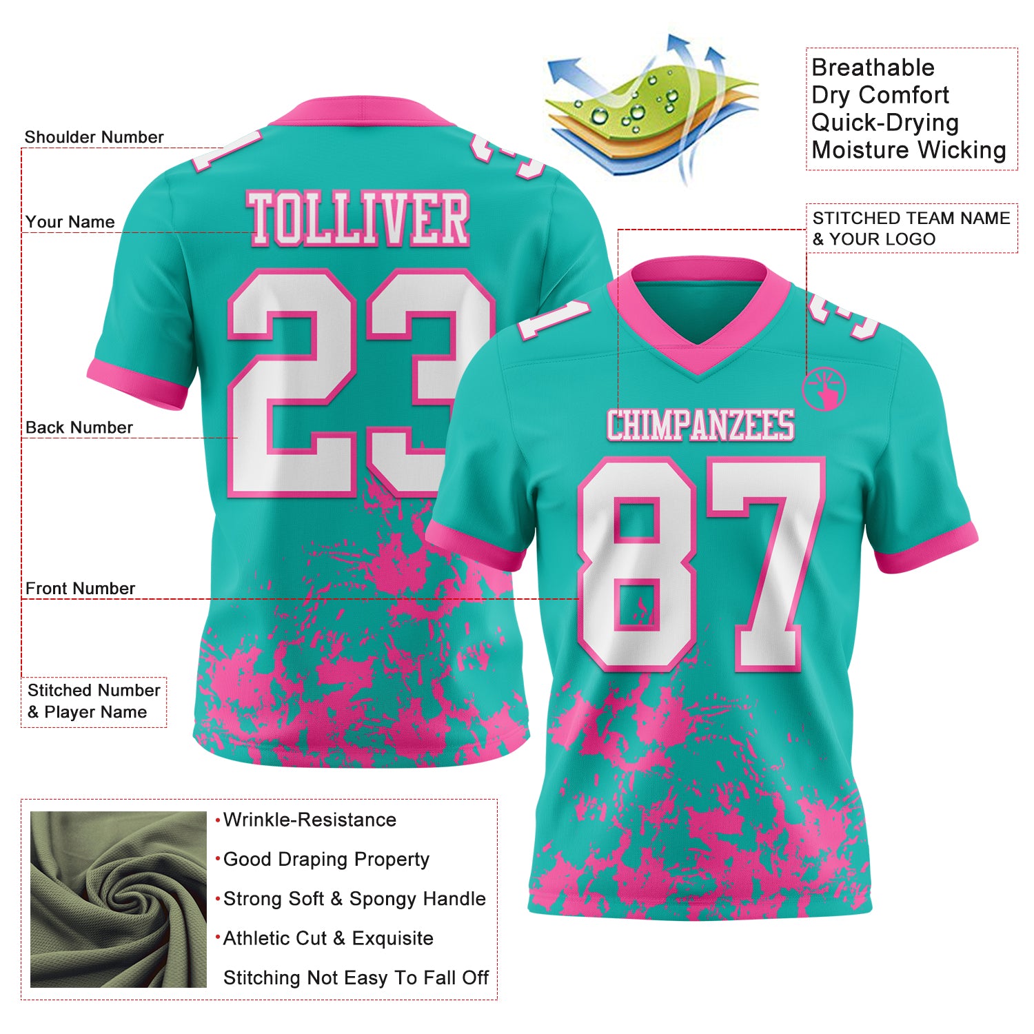 Custom Aqua White-Pink 3D Pattern Splash Authentic Football Jersey
