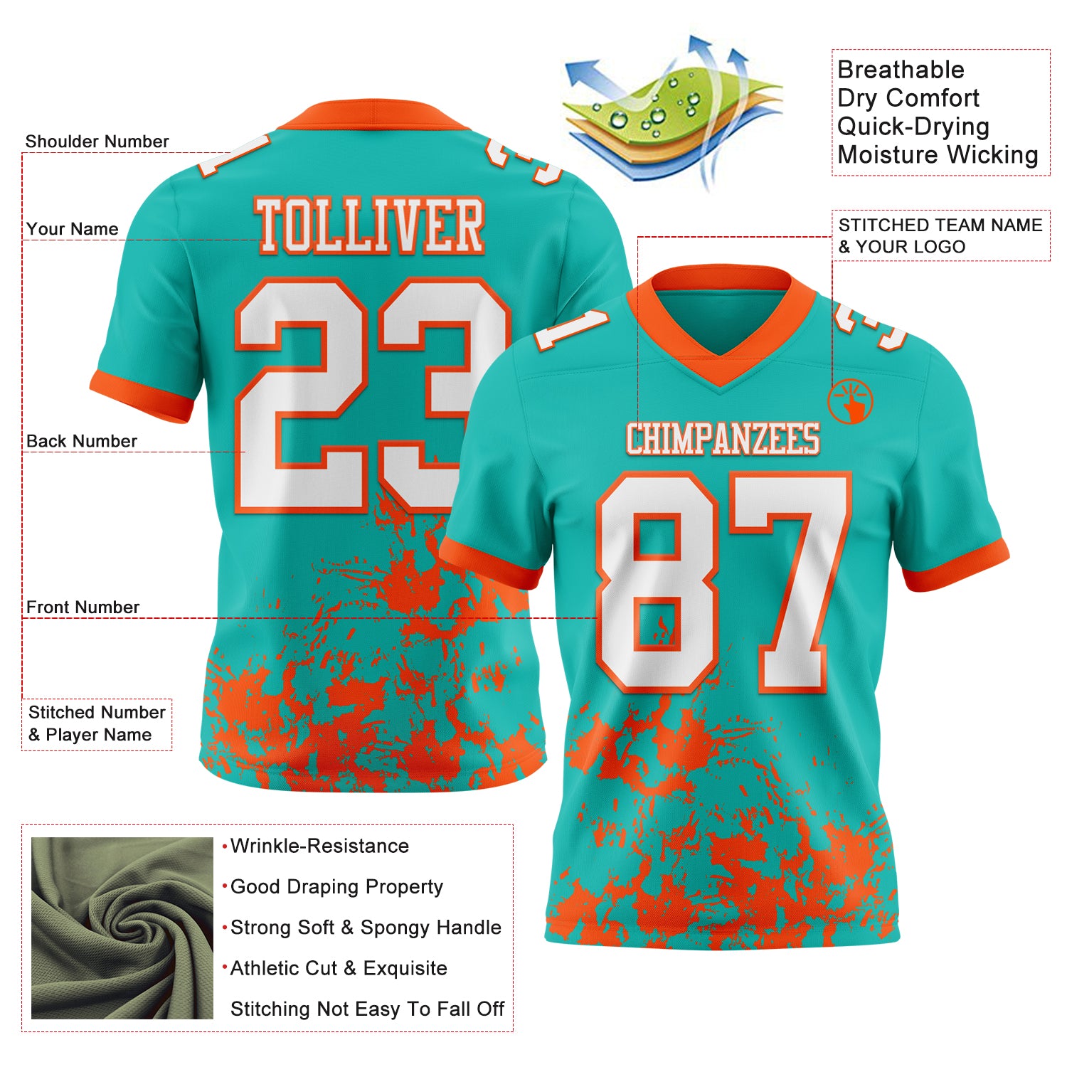 Custom Aqua White-Orange 3D Pattern Splash Authentic Football Jersey