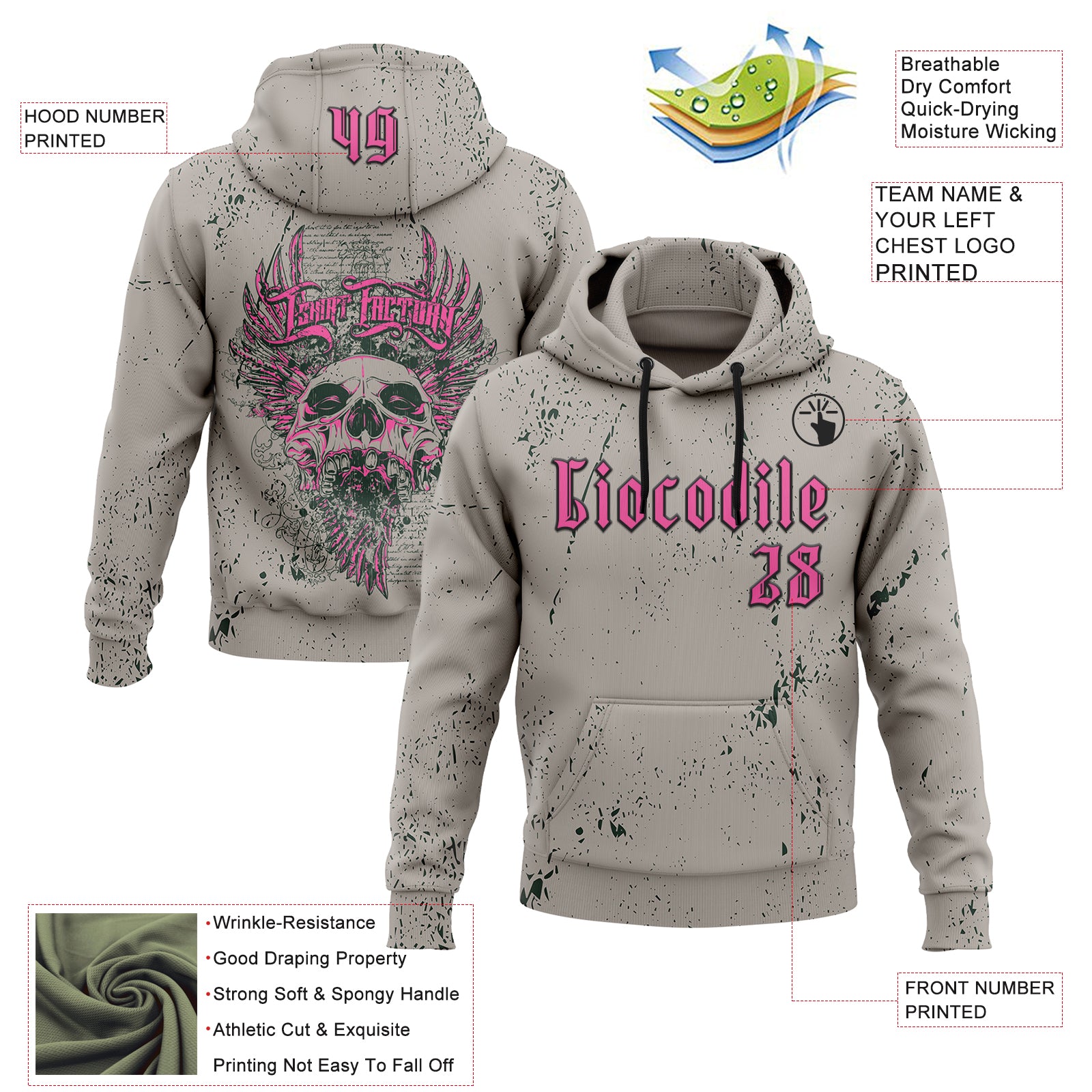 Custom Gray Pink-Black 3D Skull Gothic Destroyer Vintage Grunge Art Sports Pullover Sweatshirt Hoodie