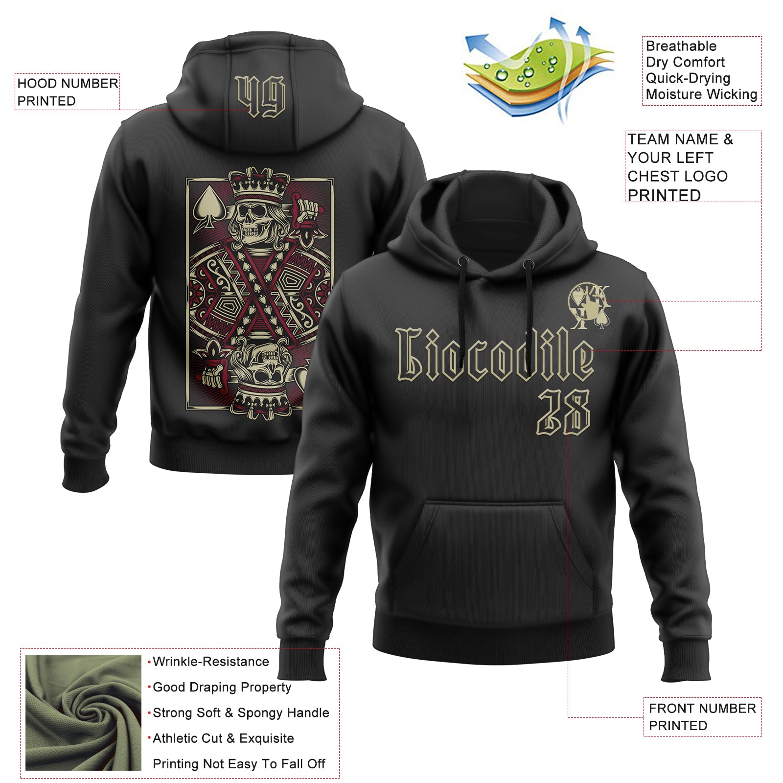 Custom Black Gold 3D Skull Poker Playing Card Sports Pullover Sweatshirt Hoodie