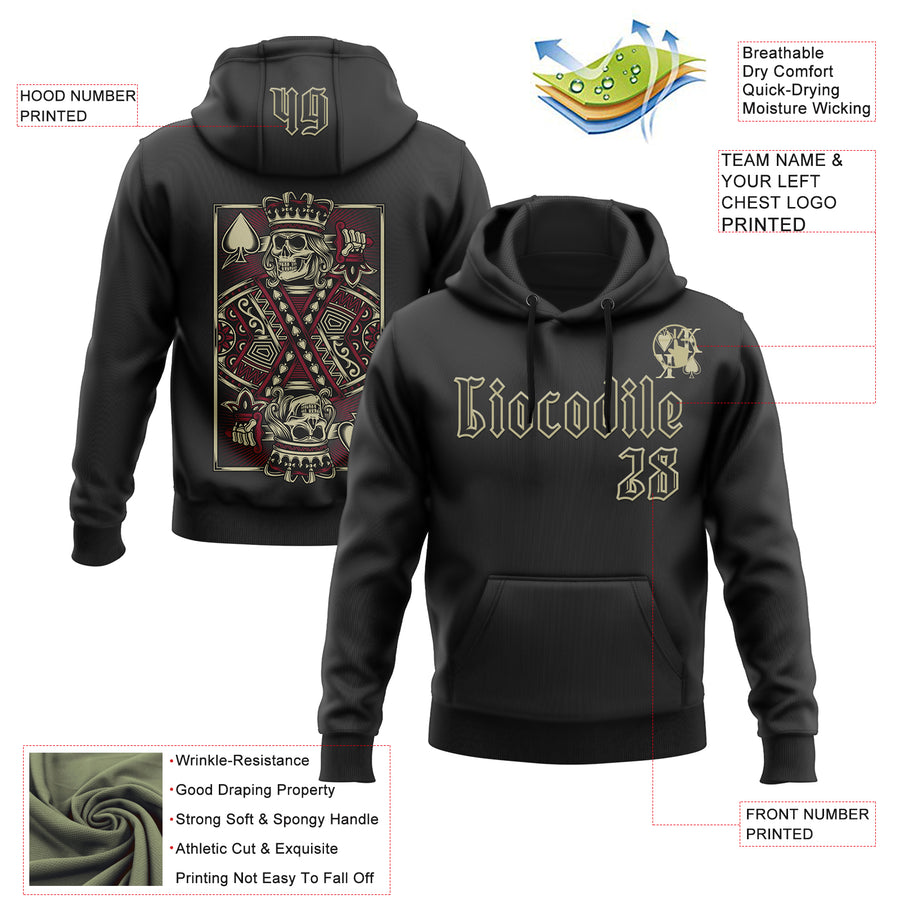 Custom Black Gold 3D Skull Poker Playing Card Sports Pullover Sweatshirt Hoodie