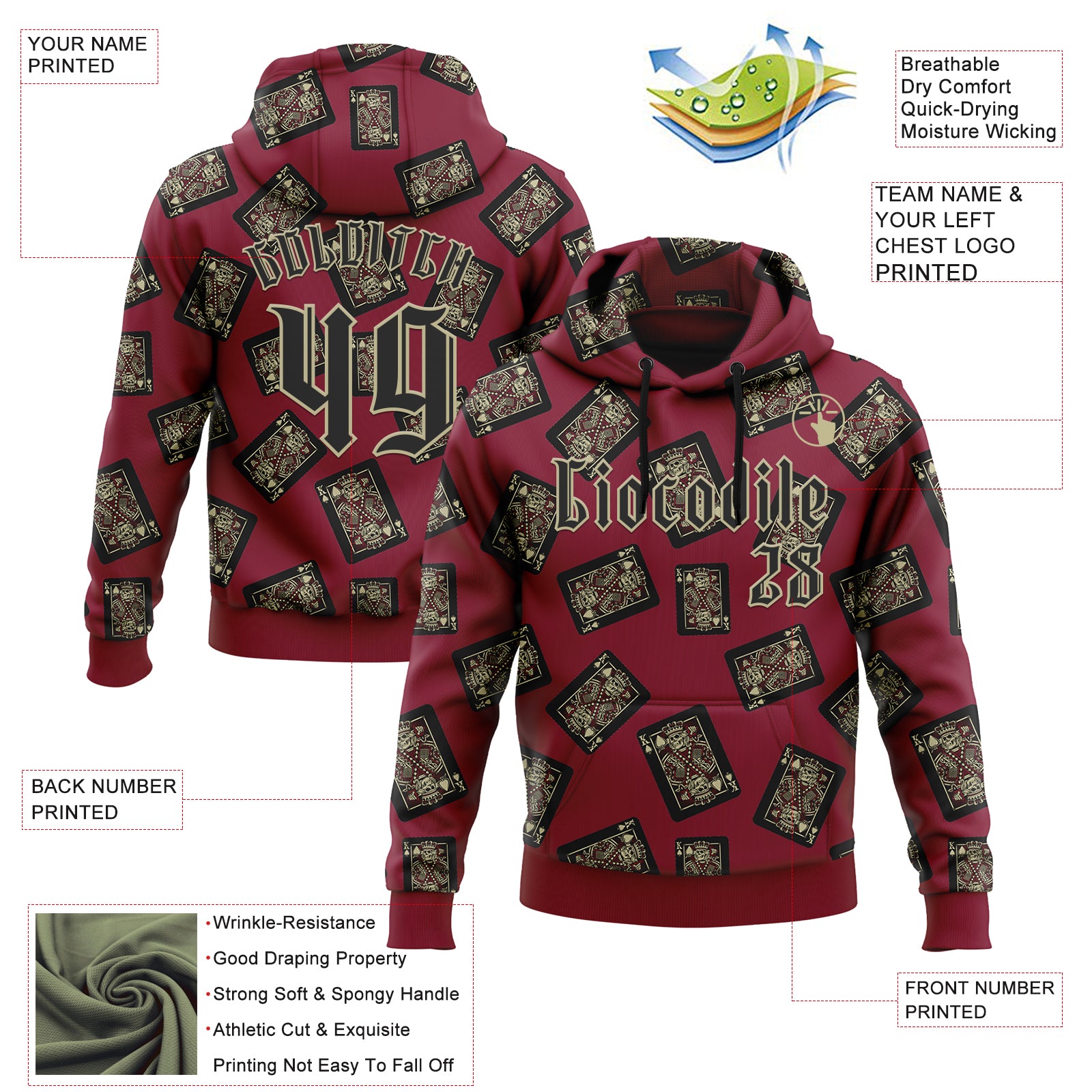 Custom Crimson Gold 3D Skull Poker Playing Card Vintage Sports Pullover Sweatshirt Hoodie