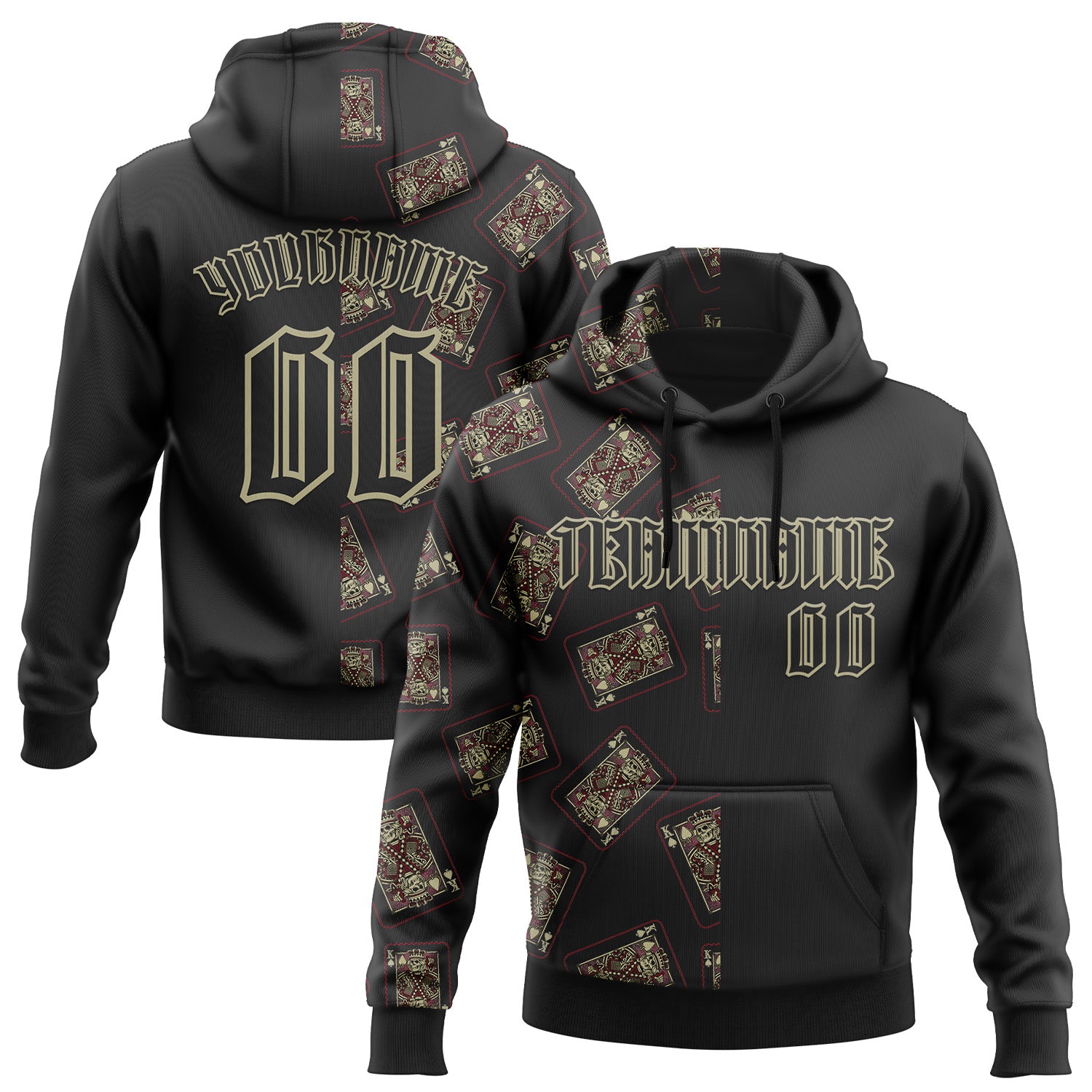 Custom Black Gold 3D Skull Poker Playing Card Split Sports Pullover Sweatshirt Hoodie