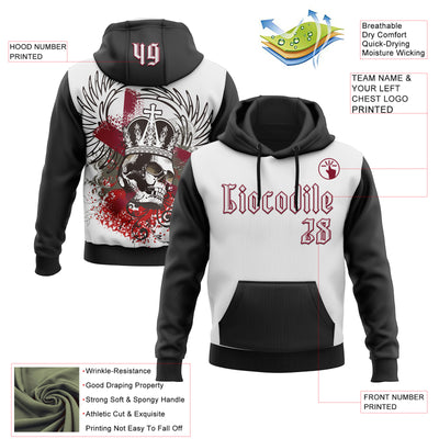 Custom White Black-Crimson 3D Skull Gothic Emperor Royalty Sports Pullover Sweatshirt Hoodie