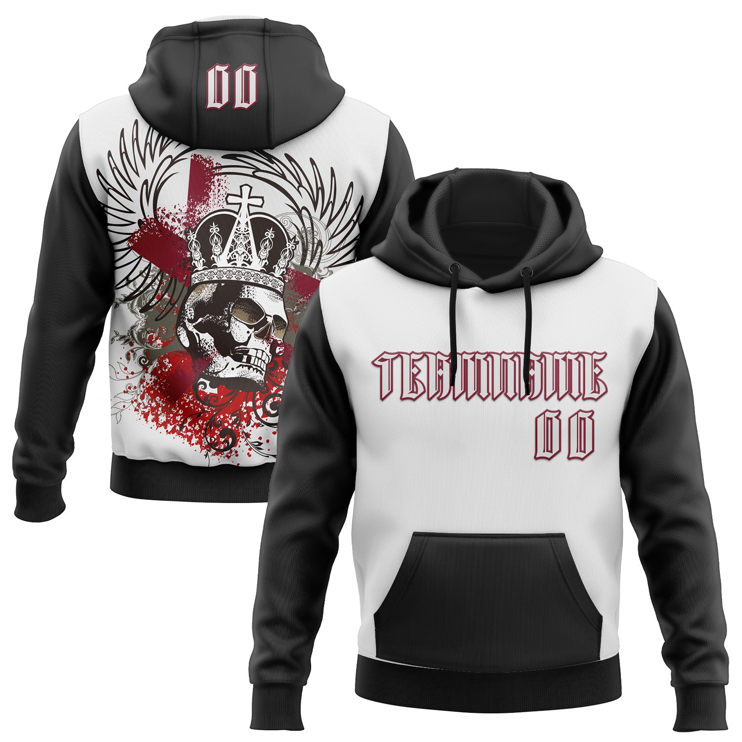 Custom White Black-Crimson 3D Skull Gothic Emperor Royalty Sports Pullover Sweatshirt Hoodie