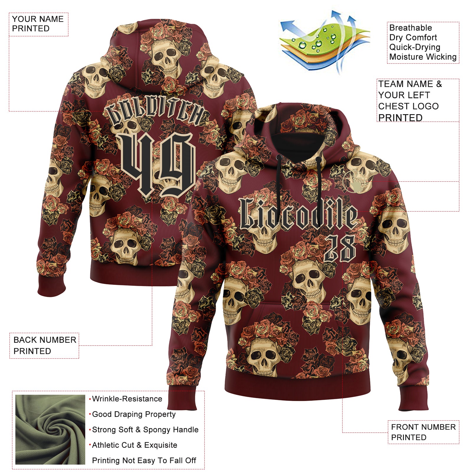 Custom Burgundy Black-City Cream 3D Skull Roses Gothic Vintage Sports Pullover Sweatshirt Hoodie