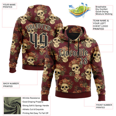 Custom Burgundy Black-City Cream 3D Skull Roses Gothic Vintage Sports Pullover Sweatshirt Hoodie