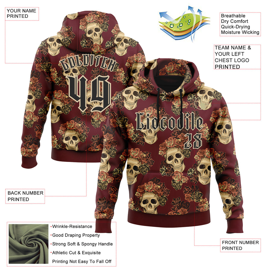 Custom Burgundy Black-City Cream 3D Skull Roses Gothic Vintage Sports Pullover Sweatshirt Hoodie