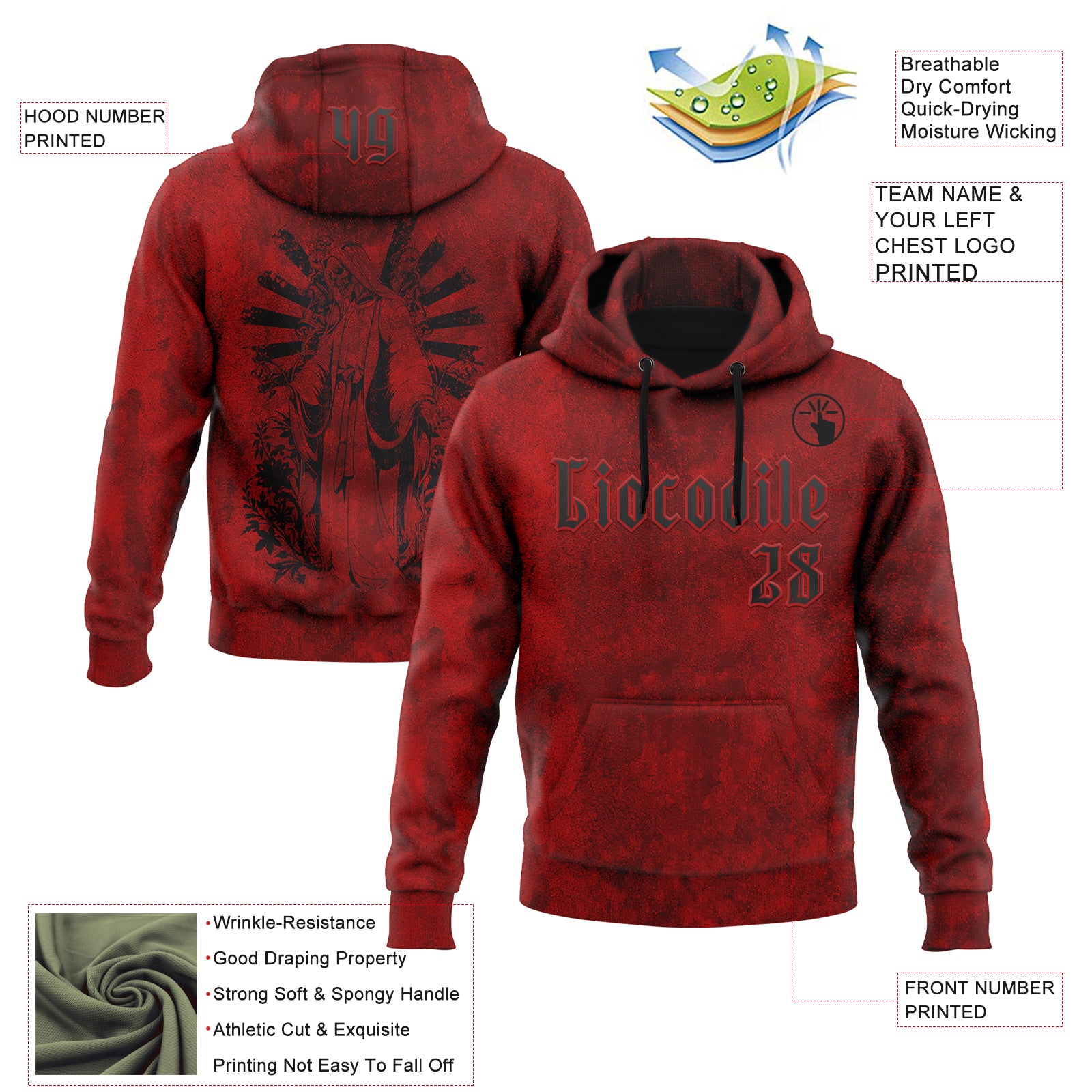 Custom Red Black 3D Skull Gothic Faith Holy Vintage Sports Pullover Sweatshirt Hoodie