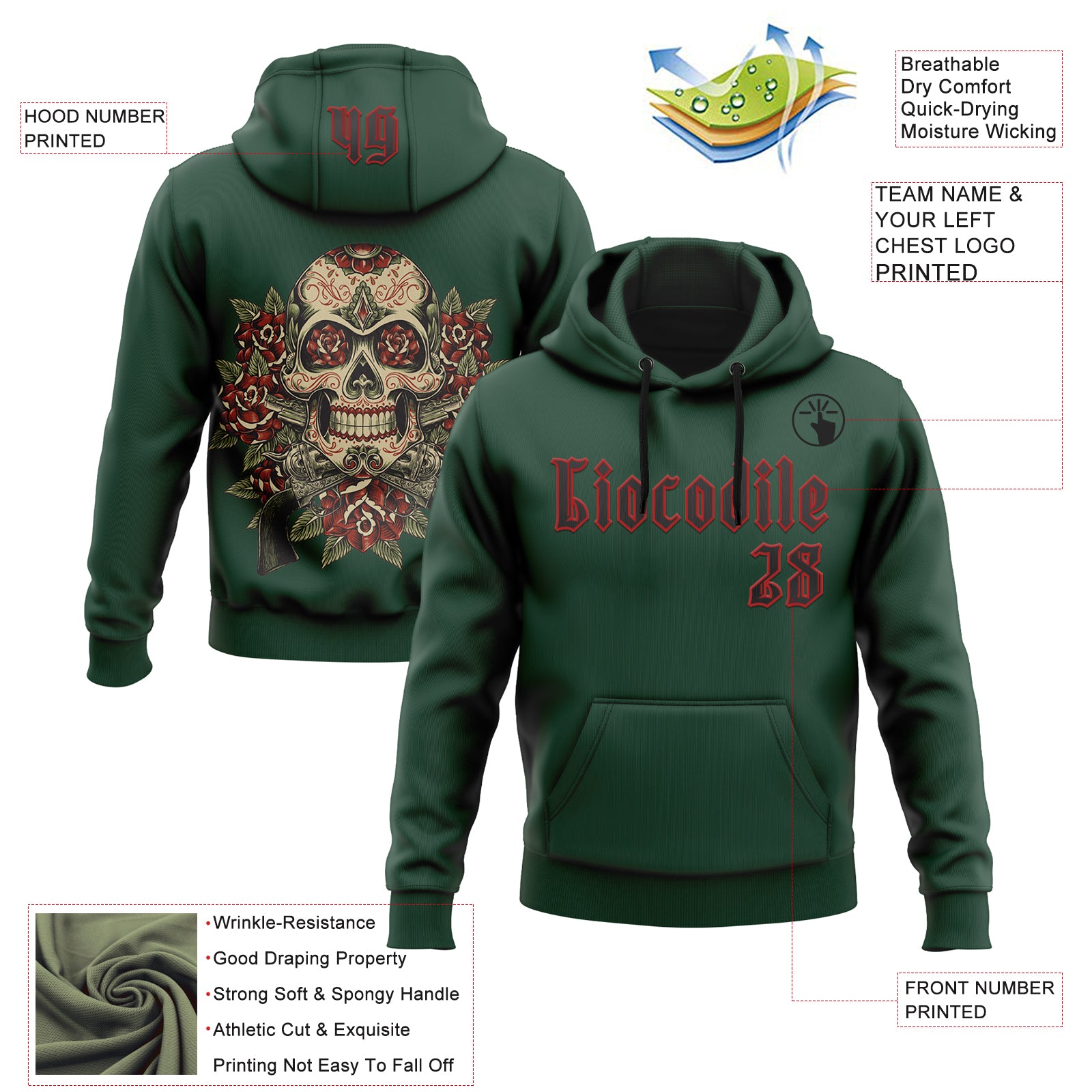 Custom Green Black-Red 3D Skull Roses Revolvers Gothic Sports Pullover Sweatshirt Hoodie