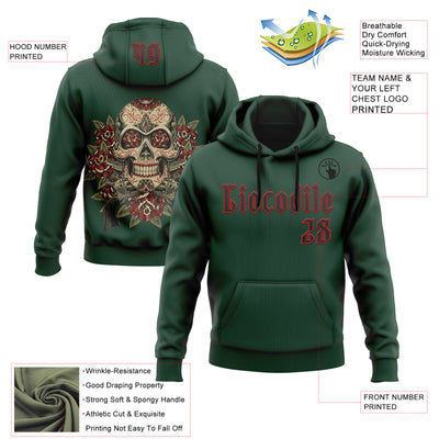 Custom Green Black-Red 3D Skull Roses Revolvers Gothic Sports Pullover Sweatshirt Hoodie
