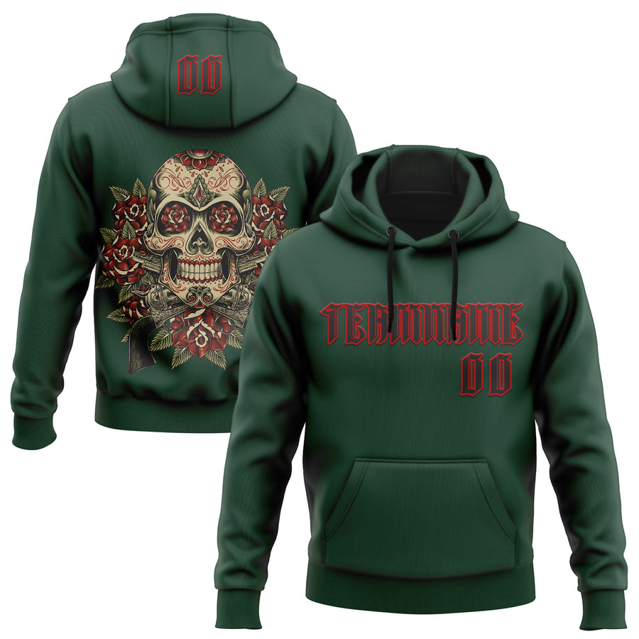 Custom Green Black-Red 3D Skull Roses Revolvers Gothic Sports Pullover Sweatshirt Hoodie