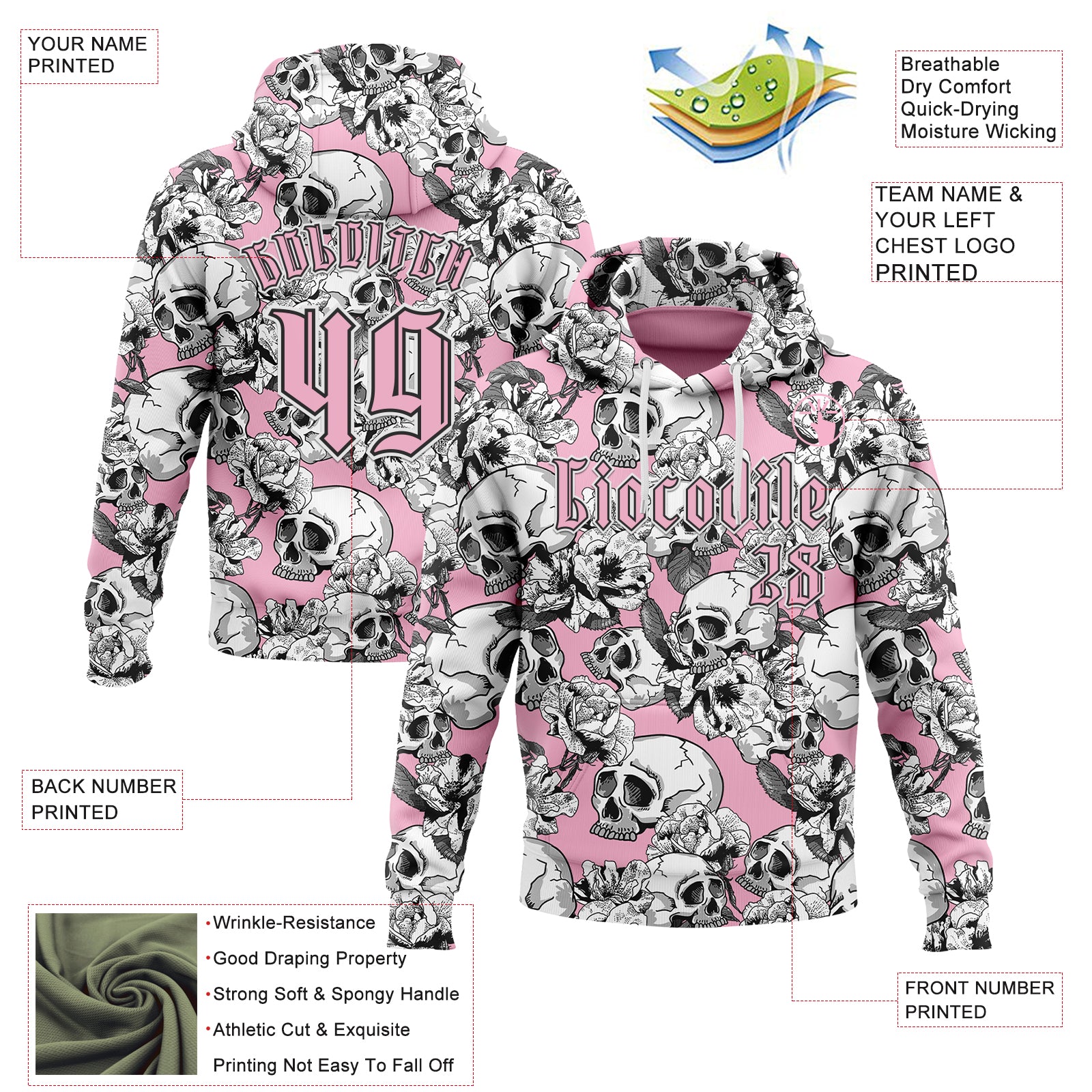 Custom Light Pink Black-White 3D Skull Roses Gothic Sports Pullover Sweatshirt Hoodie