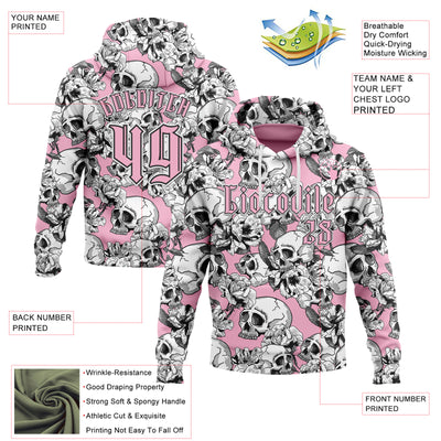 Custom Light Pink Black-White 3D Skull Roses Gothic Sports Pullover Sweatshirt Hoodie