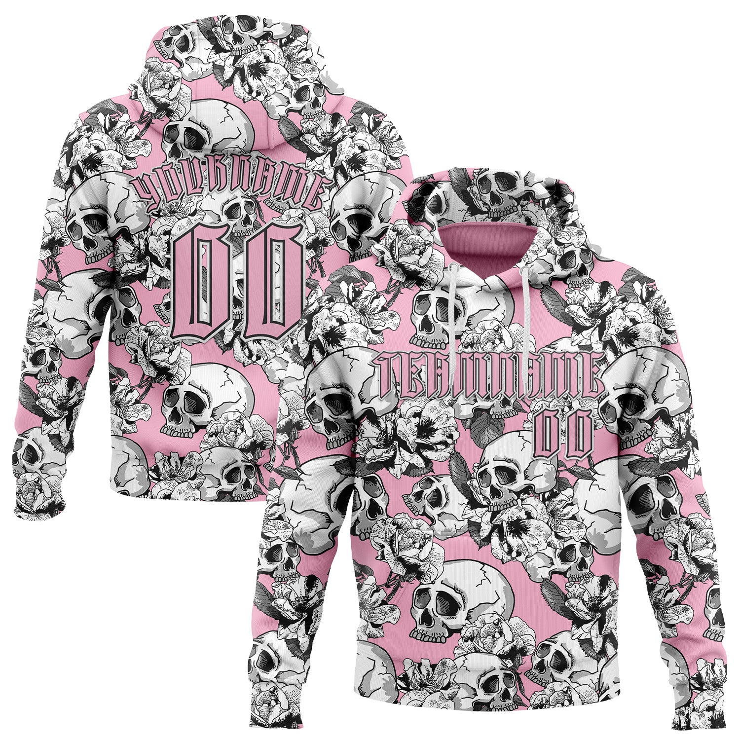 Custom Light Pink Black-White 3D Skull Roses Gothic Sports Pullover Sweatshirt Hoodie