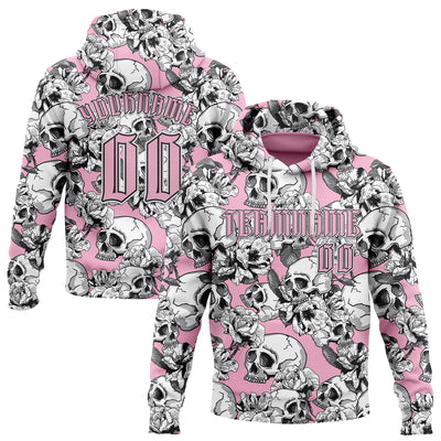 Custom Light Pink Black-White 3D Skull Roses Gothic Sports Pullover Sweatshirt Hoodie