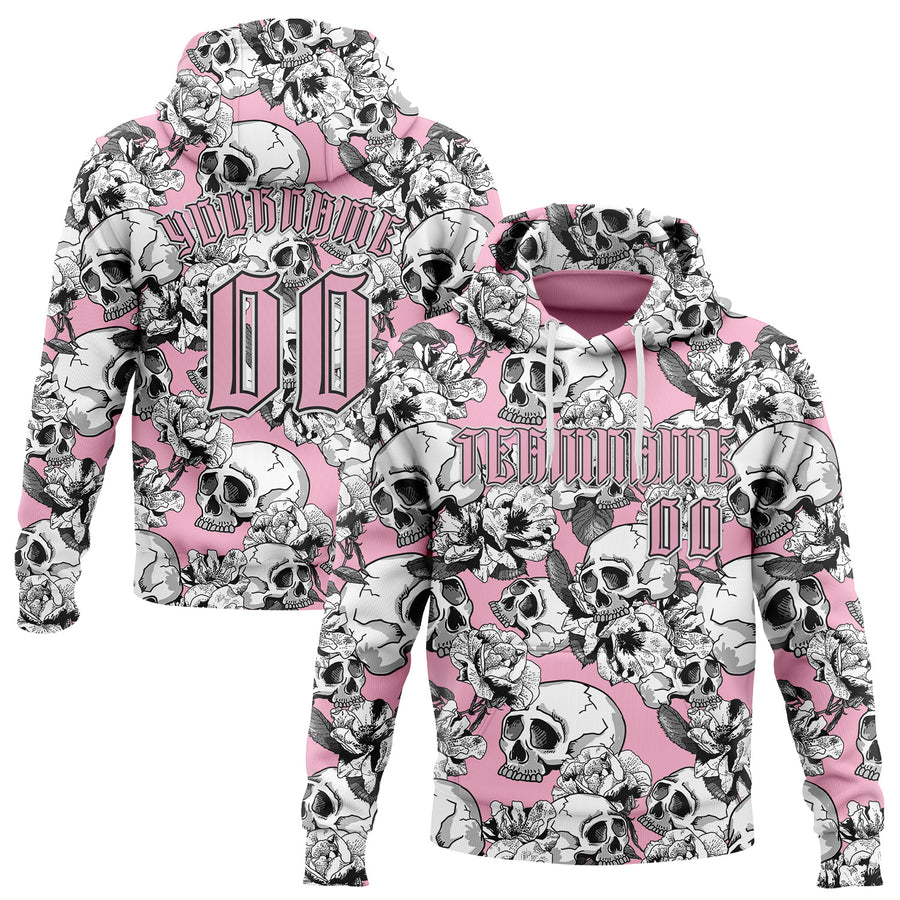 Custom Light Pink Black-White 3D Skull Roses Gothic Sports Pullover Sweatshirt Hoodie