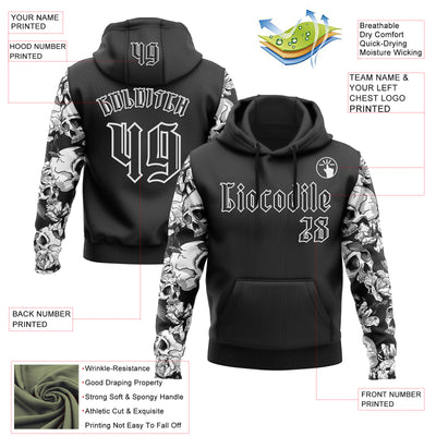 Custom Black White 3D Skull Roses Gothic Sports Pullover Sweatshirt Hoodie