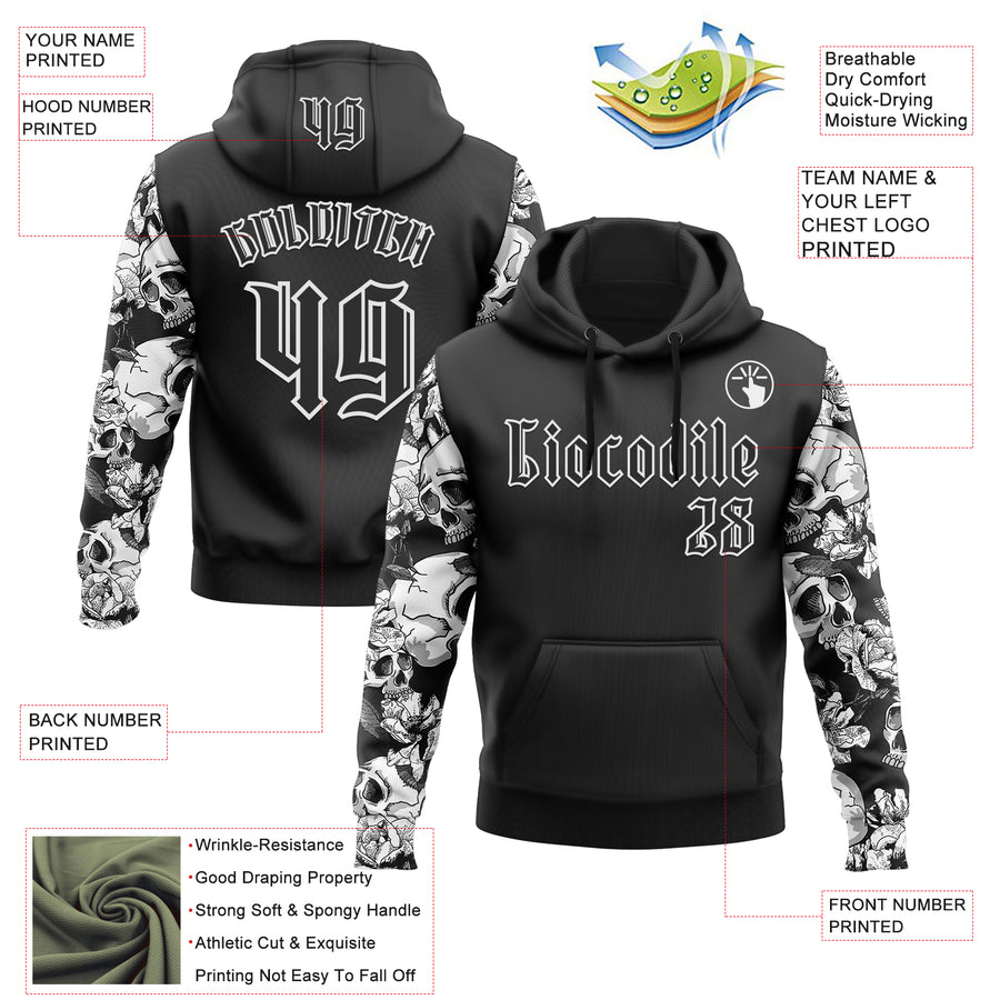 Custom Black White 3D Skull Roses Gothic Sports Pullover Sweatshirt Hoodie