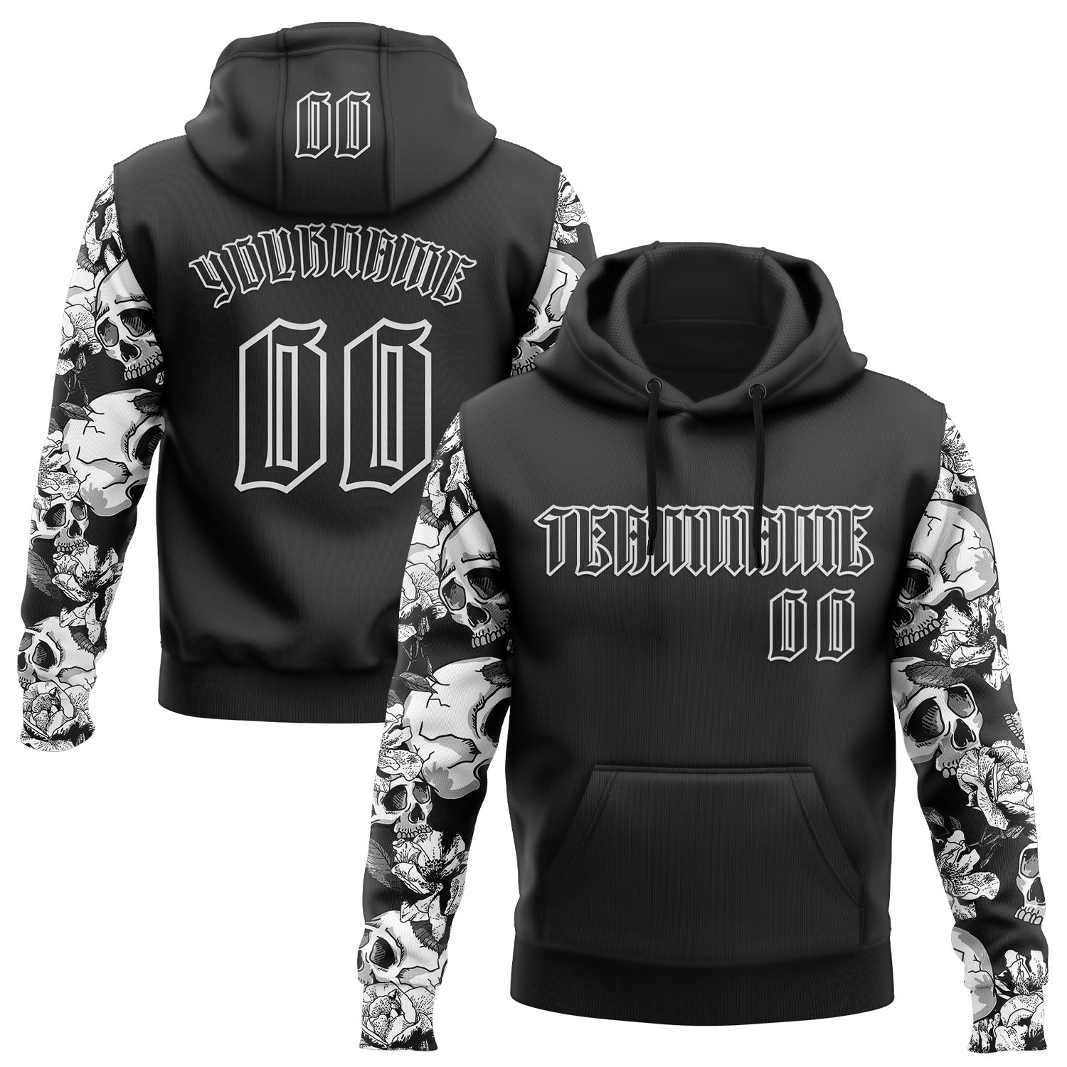 Custom Black White 3D Skull Roses Gothic Sports Pullover Sweatshirt Hoodie