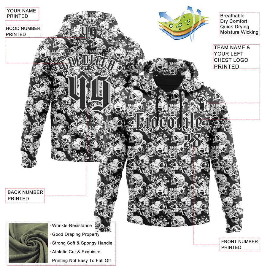 Custom Black White 3D Skull Roses Gothic Sports Pullover Sweatshirt Hoodie