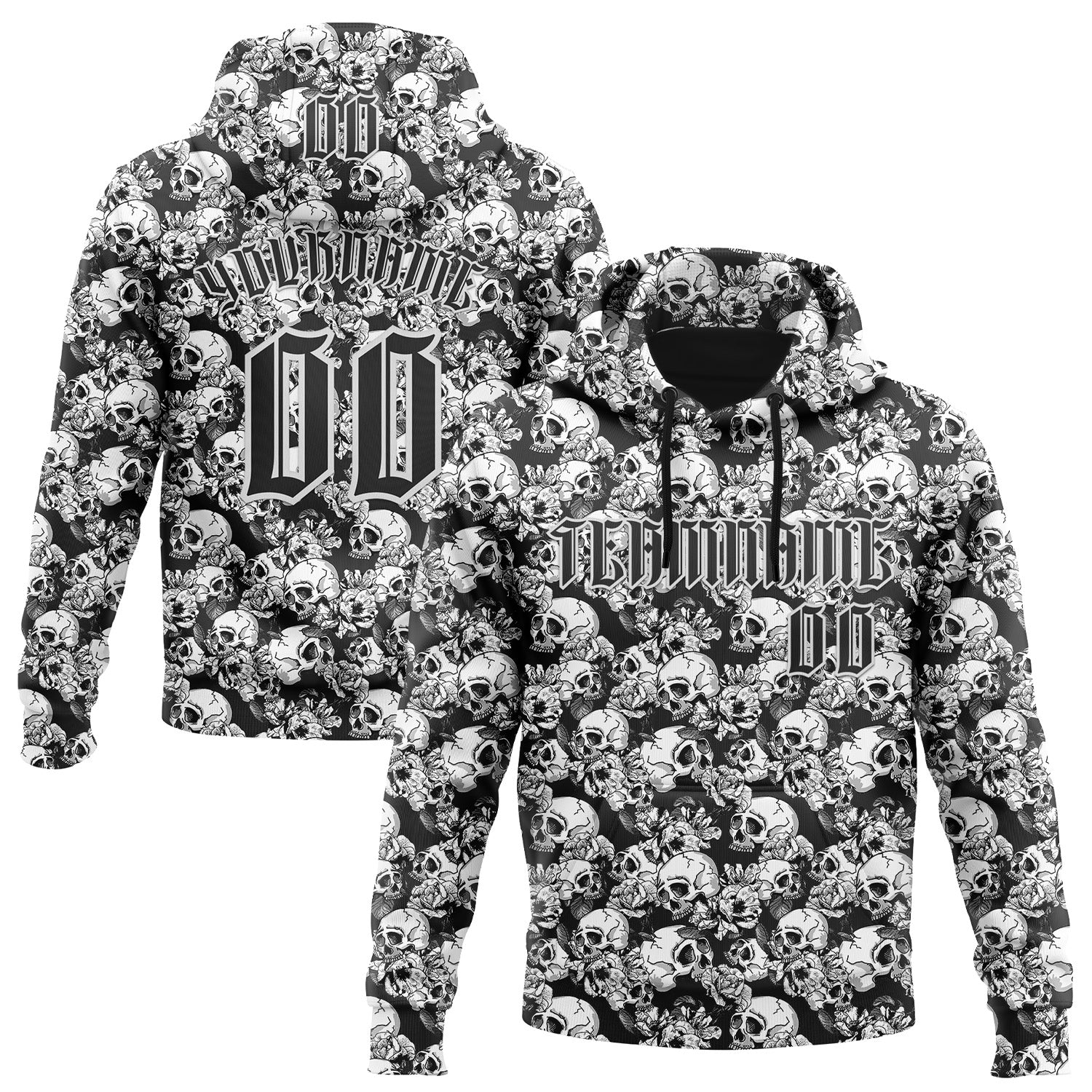 Custom Black White 3D Skull Roses Gothic Sports Pullover Sweatshirt Hoodie