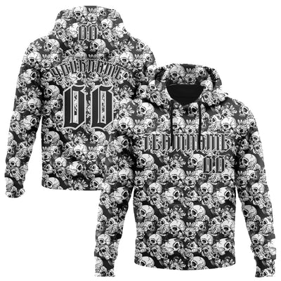 Custom Black White 3D Skull Roses Gothic Sports Pullover Sweatshirt Hoodie