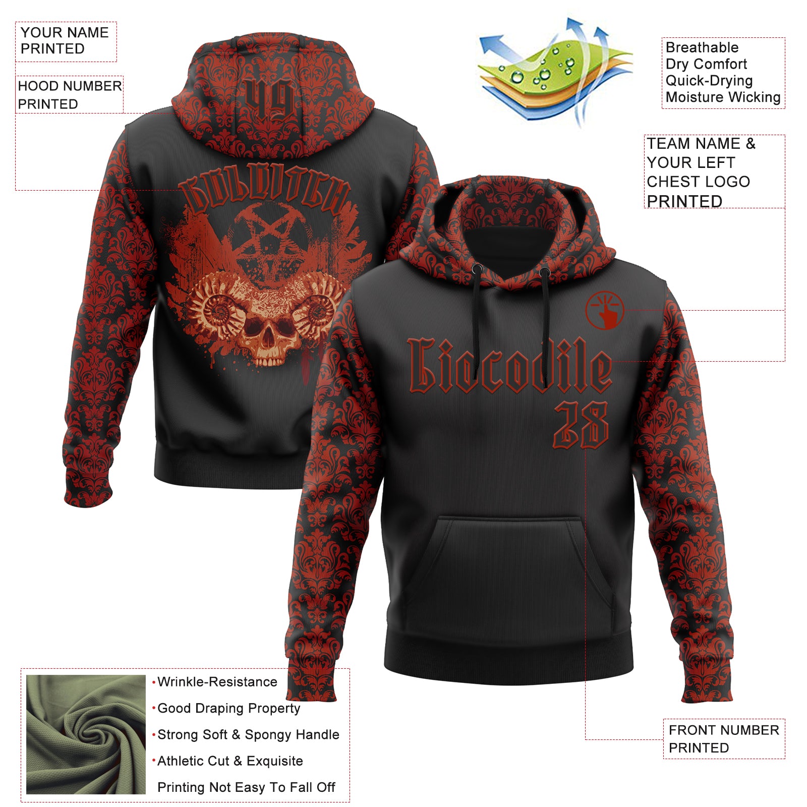 Custom Black Red 3D Skull Gothic Vintage Sports Pullover Sweatshirt Hoodie