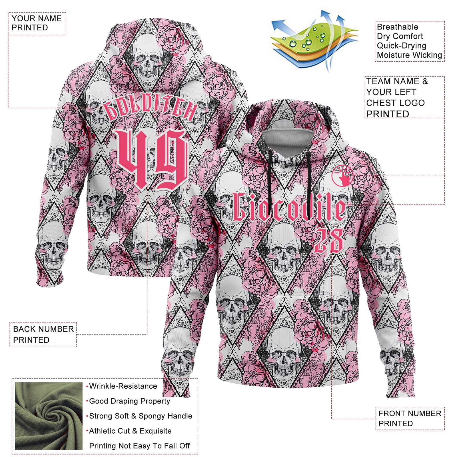 Custom White Neon Pink-Black 3D Skull Roses Gothic Geometic Diamond Grid Sports Pullover Sweatshirt Hoodie
