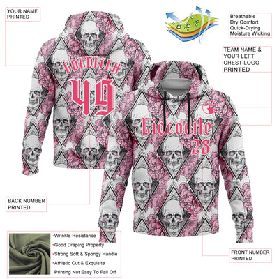 Custom White Neon Pink-Black 3D Skull Roses Gothic Geometic Diamond Grid Sports Pullover Sweatshirt Hoodie