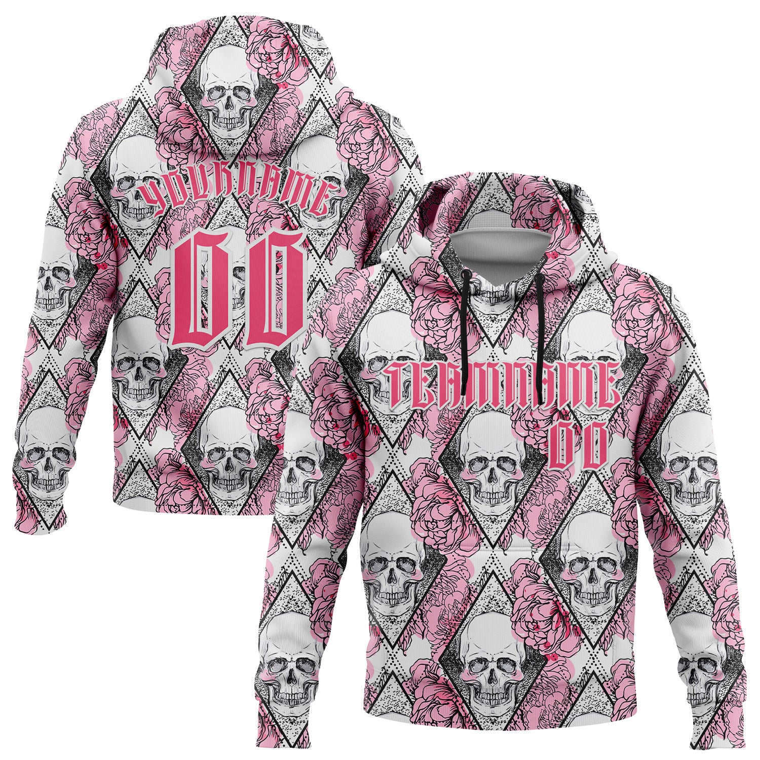 Custom White Neon Pink-Black 3D Skull Roses Gothic Geometic Diamond Grid Sports Pullover Sweatshirt Hoodie