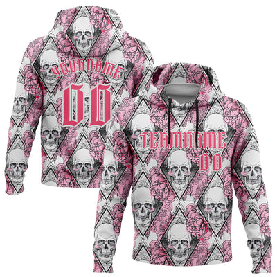 Custom White Neon Pink-Black 3D Skull Roses Gothic Geometic Diamond Grid Sports Pullover Sweatshirt Hoodie