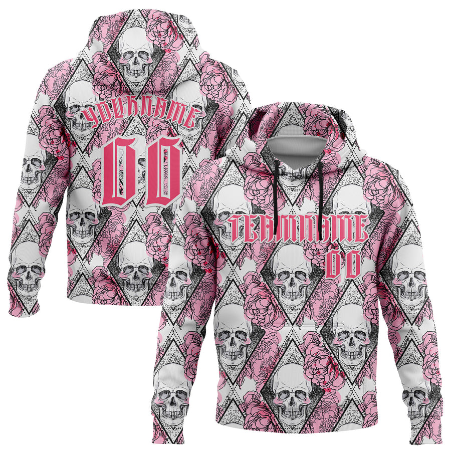 Custom White Neon Pink-Black 3D Skull Roses Gothic Geometic Diamond Grid Sports Pullover Sweatshirt Hoodie