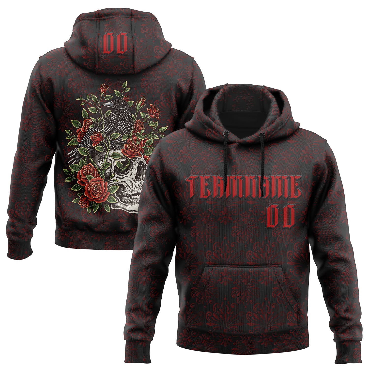 Custom Black Red 3D Skull Roses Gothic Royalty Crow Floral Sports Pullover Sweatshirt Hoodie