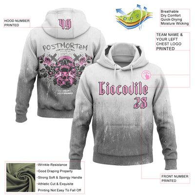 Custom White Pink Gray-Black 3D Skull Roses Gothic Postmortem Fade Grunge Art Sports Pullover Sweatshirt Hoodie