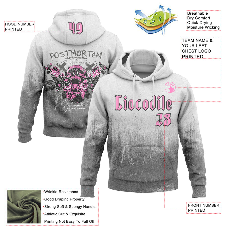 Custom White Pink Gray-Black 3D Skull Roses Gothic Postmortem Fade Grunge Art Sports Pullover Sweatshirt Hoodie