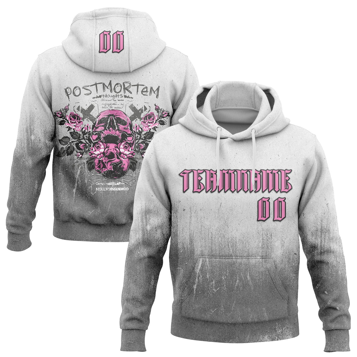 Custom White Pink Gray-Black 3D Skull Roses Gothic Postmortem Fade Grunge Art Sports Pullover Sweatshirt Hoodie