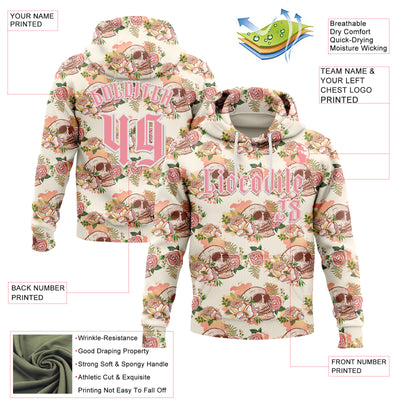Custom Cream Medium Pink-White 3D Skull Roses Gothic Vintage Sports Pullover Sweatshirt Hoodie